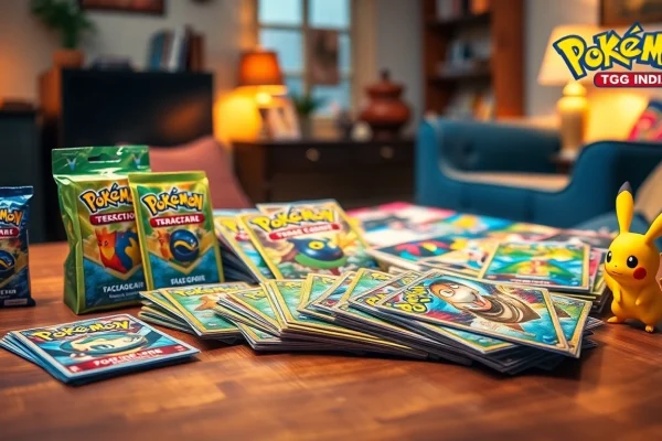 Showcase of Pokemon TCG India cards beautifully arranged with Pikachu figurine.
