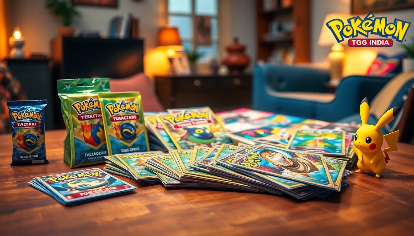 Showcase of Pokemon TCG India cards beautifully arranged with Pikachu figurine.