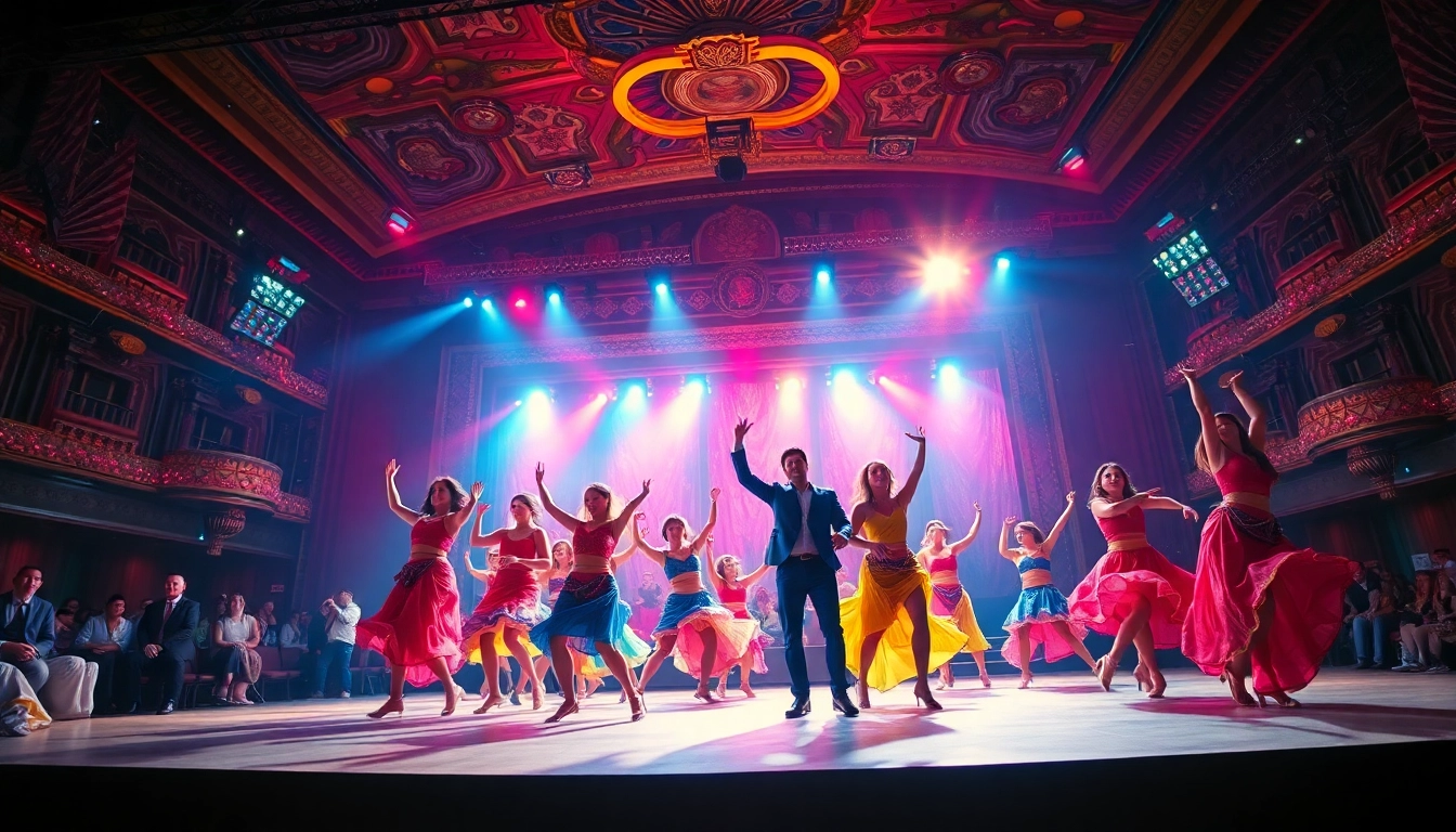 Experience thrilling stage shows with vibrant performers captivating the audience on a grand theater stage.