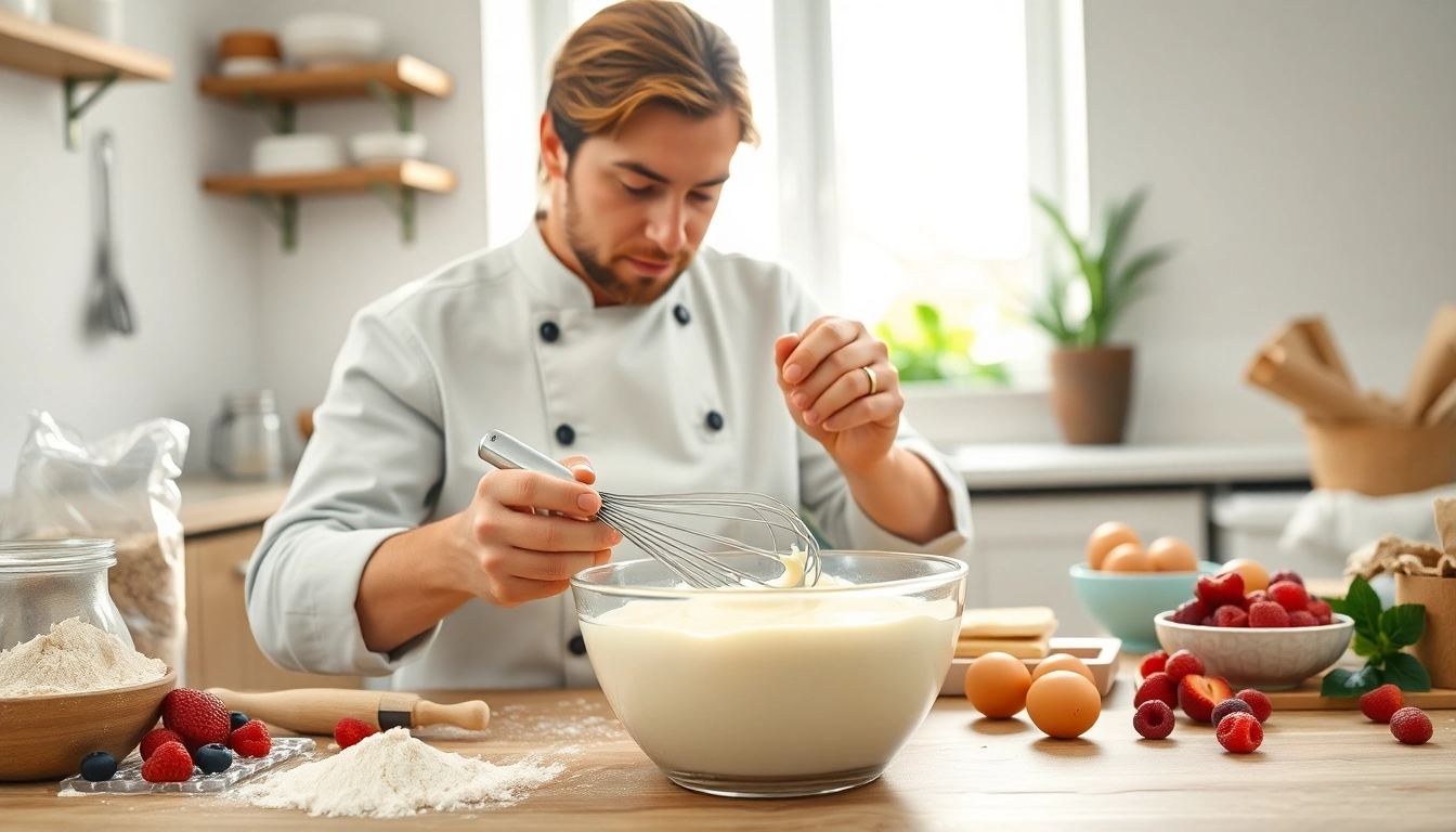 Creëren van mousseline crème met verse ingrediënten in een heldere keuken.