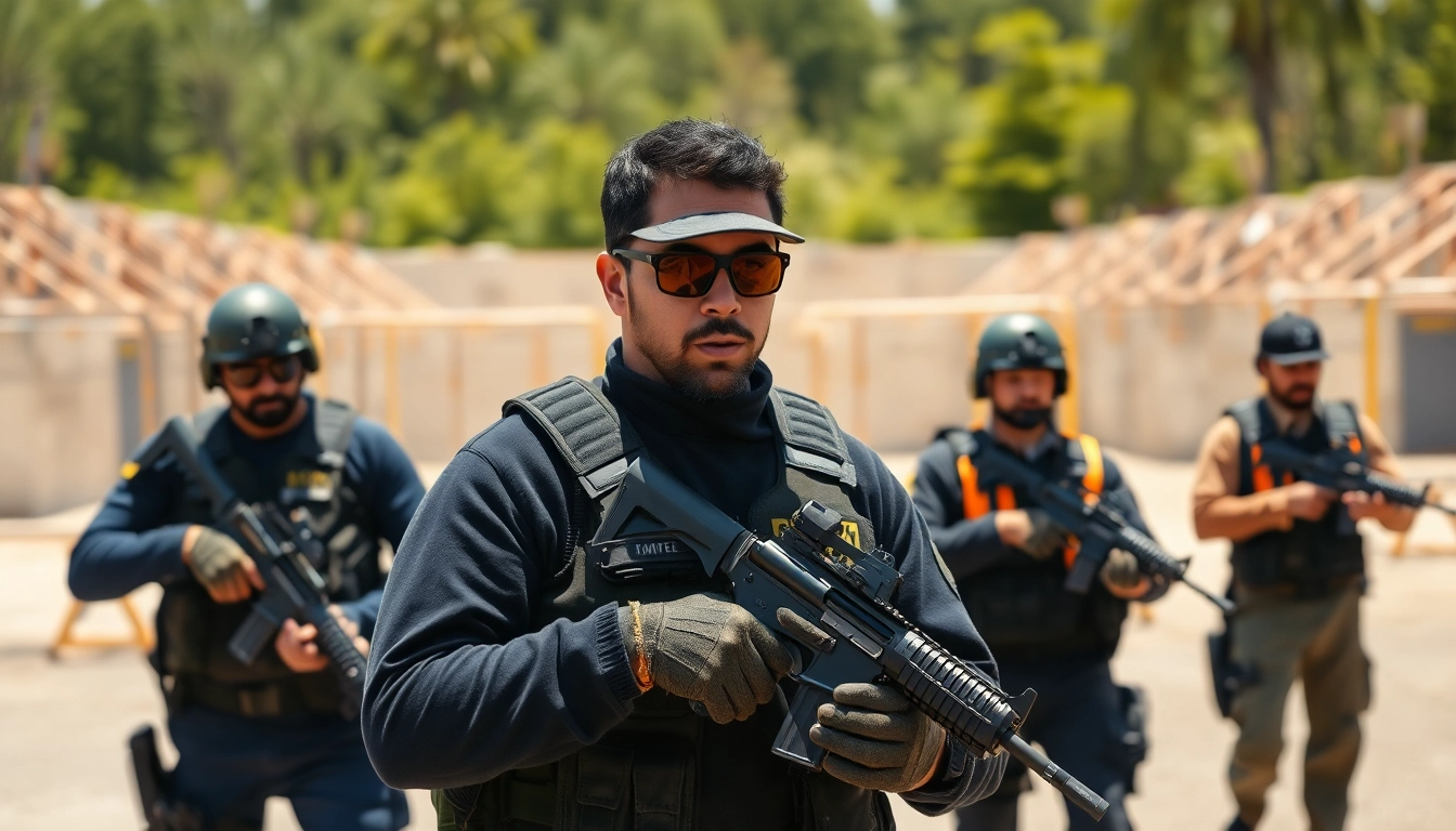 Engaged participants undergo armed security training in an outdoor tactical setting.