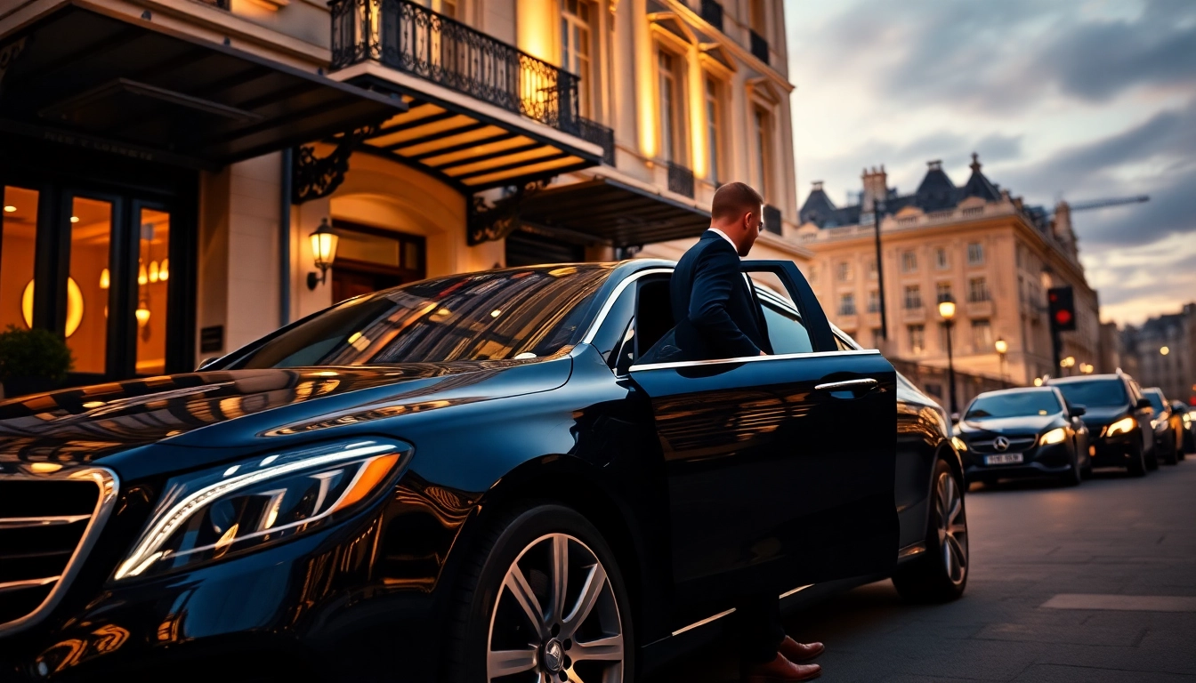 Experience luxury with a private chauffeur london opening a car door for clients outside a hotel.