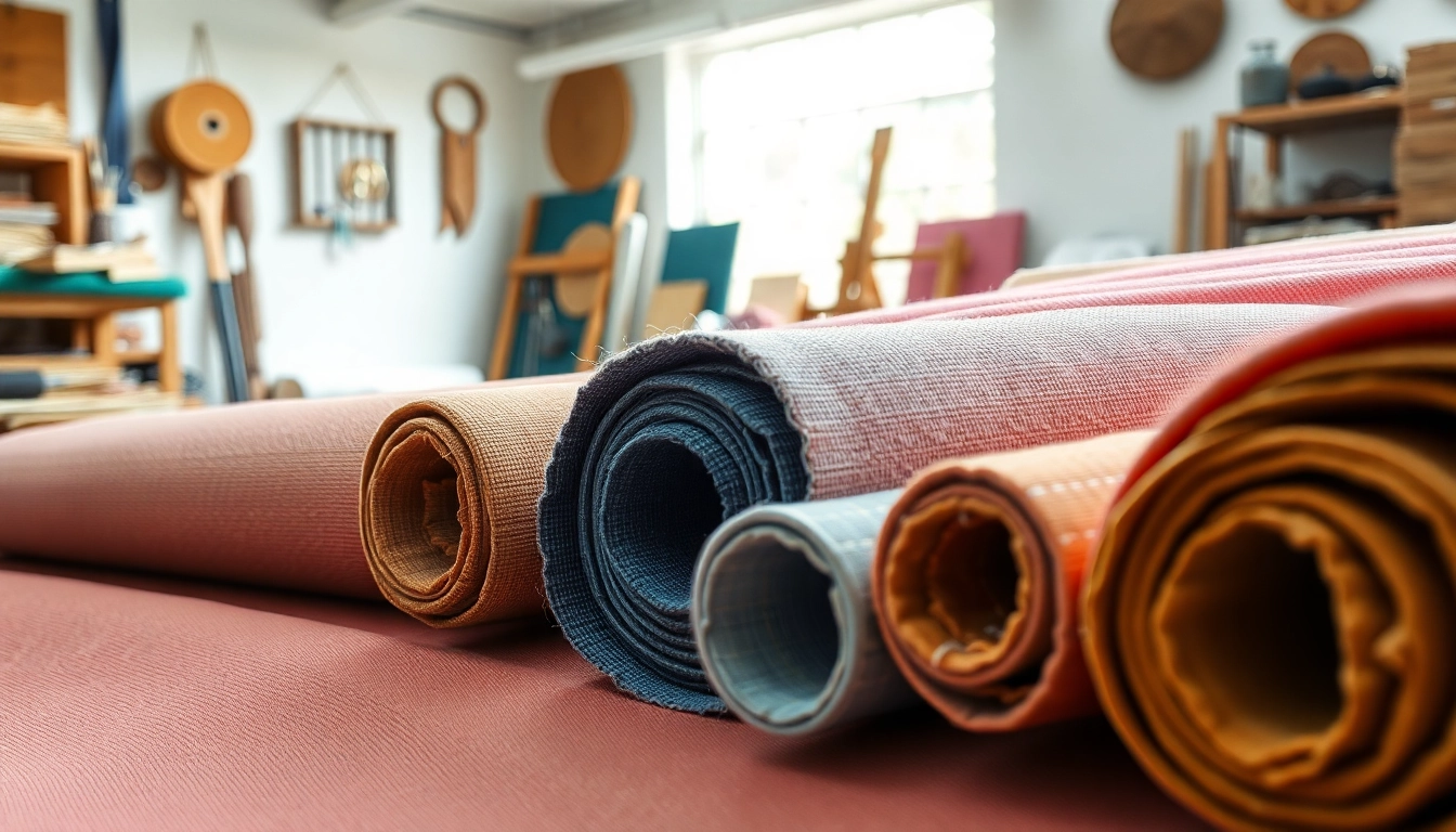 Canvas stoffen in een kleurrijke en creatieve werkplaats met diverse texturen.