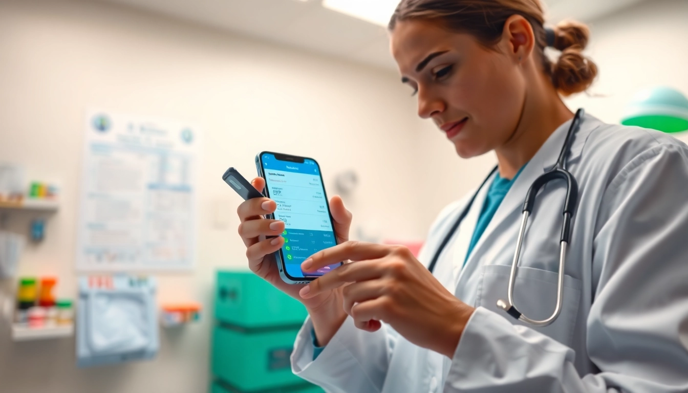 Showcasing advantages of using eprescription apps with a doctor and a smartphone in a vibrant clinic.