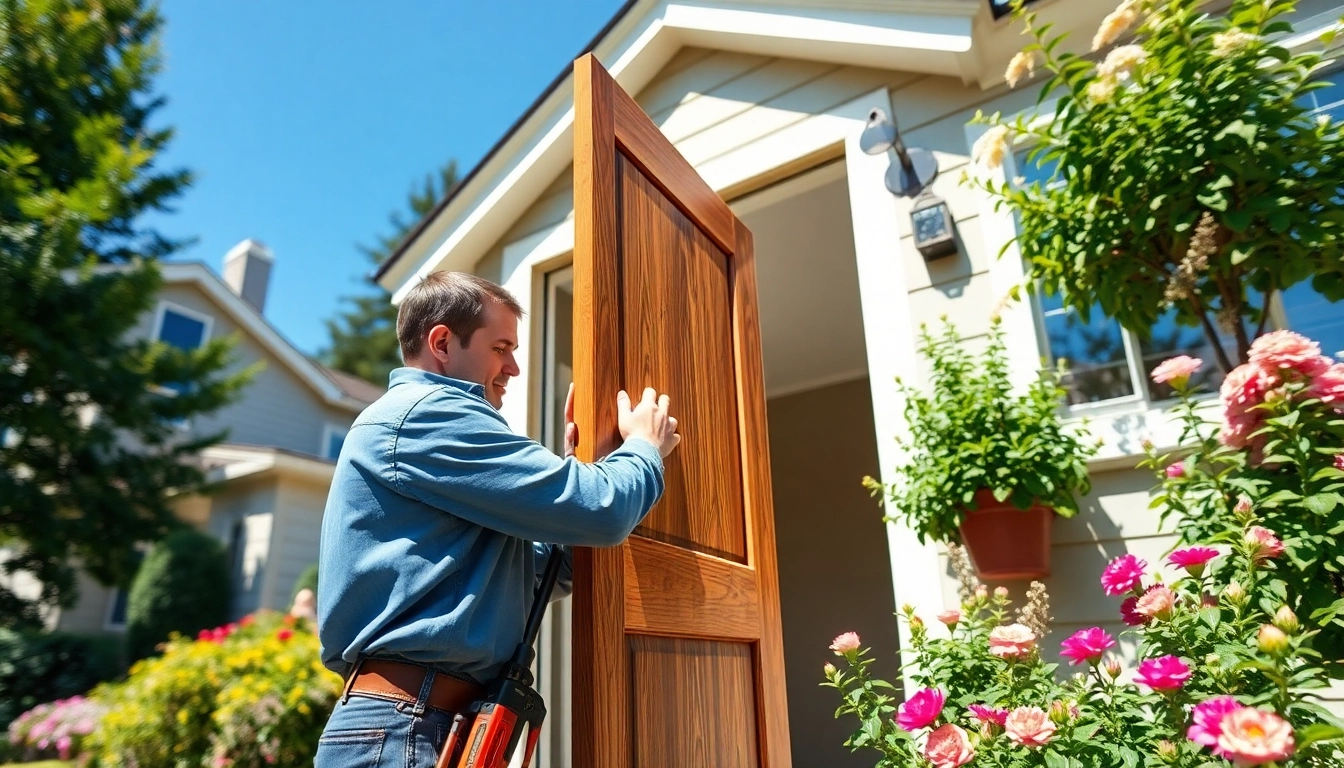 Door Replacement Portland Oregon service with a technician installing a door in a sunny Portland neighborhood.