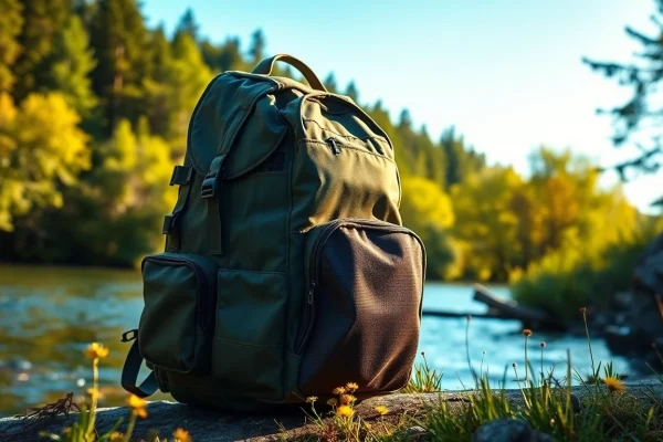 Fly fishing backpack positioned outdoors with fishing gear and nature details.
