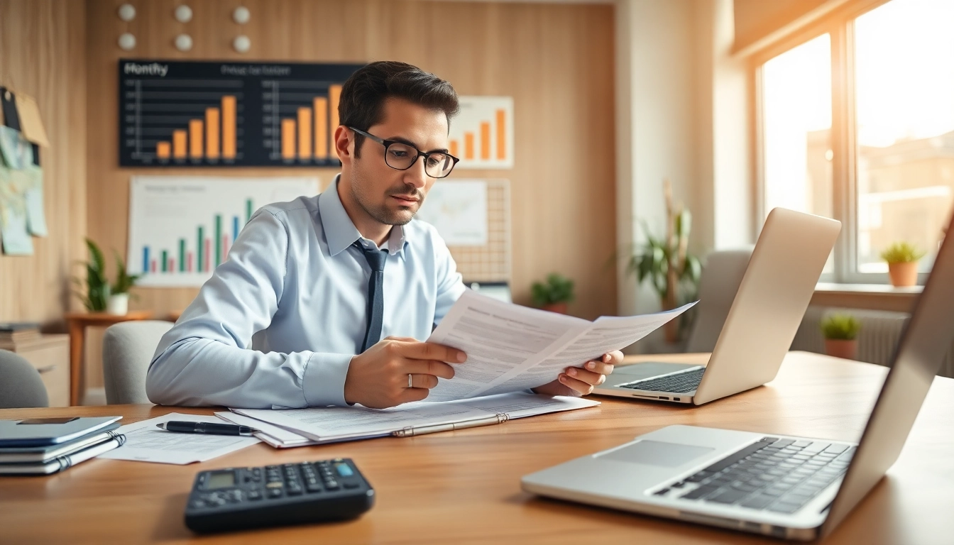 Evaluate Monthly Accounting Services in a professional office setting with financial documents and a laptop.
