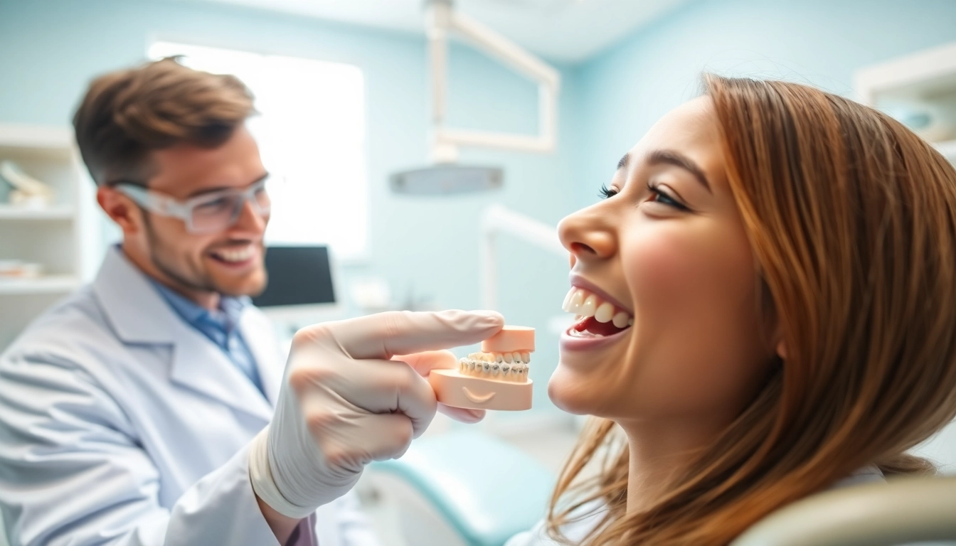 Orthodontist demonstrating braces Myrtle Beach technology to a patient in a bright dental office.